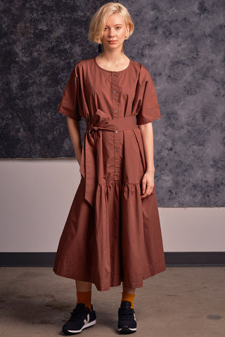 Model wearing chocolate coloured OEKO-TEK belted Adira Shift Dress by Jennifer Glasgow. 