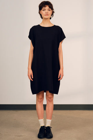 Model wearing black oversized colour blocked Britt tunic by Jennifer Glasgow.  