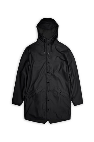 Black waterproof Long Jacket by Rains. 