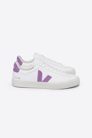 Side view of Veja Chromefree Leather Campo White + Mulberry purple eco-friendly sneakers. 