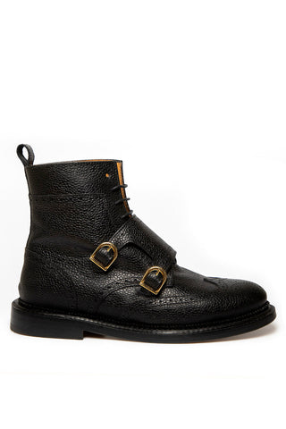 Black leather Duffy derby boots with two buckles. 