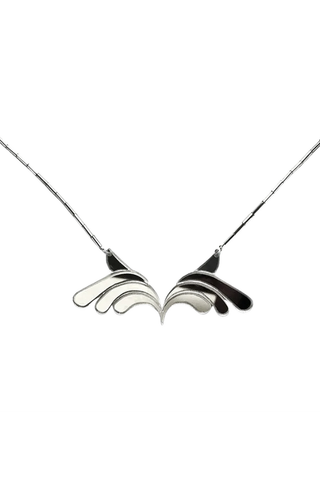 Mirror plexiglass palm leaf shaped pendant on beaded necklace. 