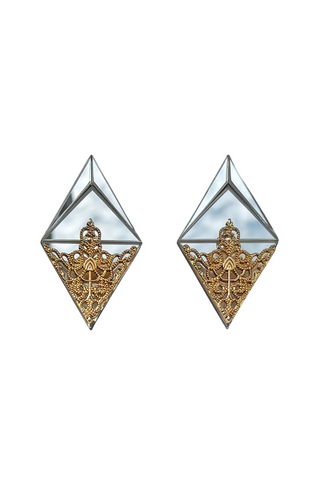 Silver plexiglass diamond shape earring with gold filigree detail. 