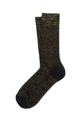 A pair of black and gold lurex ribbed knit socks on white background. 