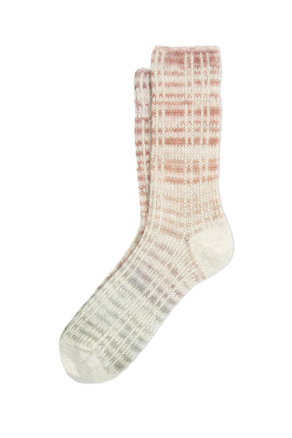 A pair of pink to grey ombre printed mohair socks on white background. 