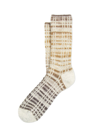 A pair of taupe to brown ombre printed mohair socks on white background. 