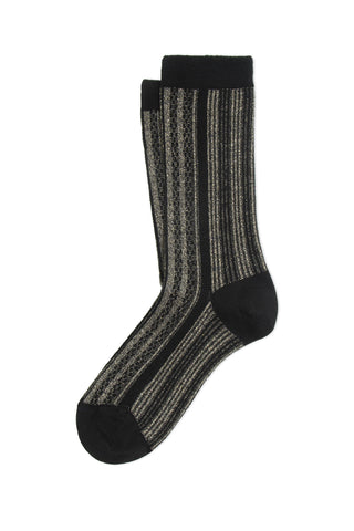 A pair of black and silver stripe pattern socks with reinforced black toe, heel and cuff, in front of white background. 
