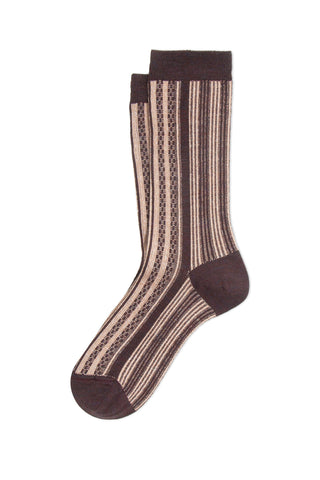 A pair of burgundy and cream stripe pattern socks with reinforced burgundy toe, heel and cuff, in front of white background. 