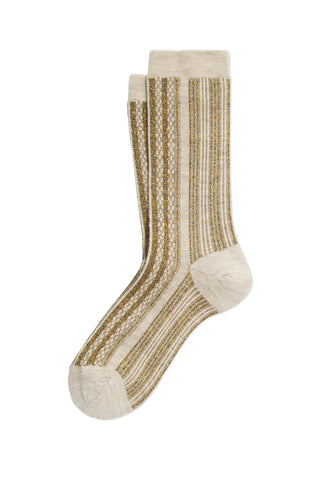 A pair of cream and gold stripe pattern socks with reinforced cream toe, heel and cuff, in front of white background. 