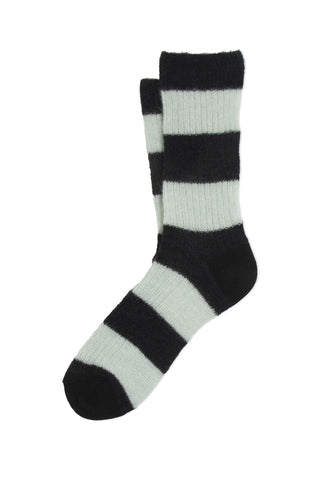 A pair of black and white stripe ribbed knit crew length sock against a white background. 