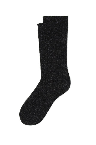 A pair of black lurex crew length socks against a white background. 
