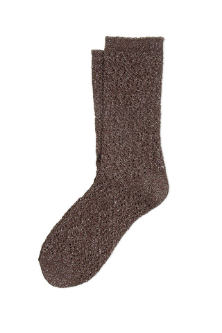 A pair of brown lurex crew length socks against a white background. 