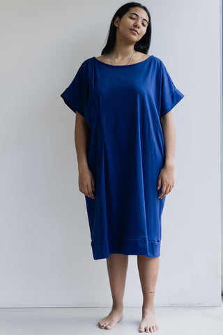 Model wearing oversized blue cotton Straight Dress by Ablesia. 