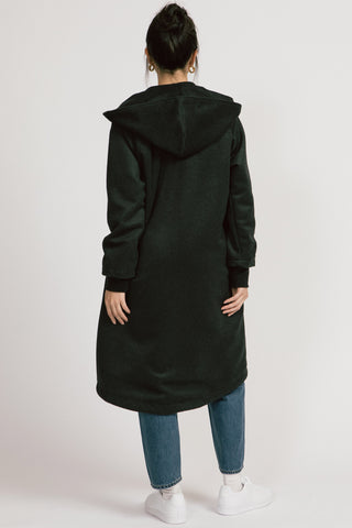 Back view of model wearing dark grey zip up Lenora Coat by Allison Wonderland. 