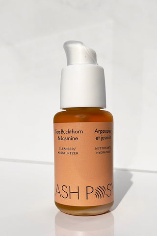 Ash Posy Cleaner Moisturizer in on white counter. 