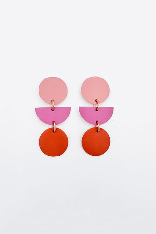 Pink, purple and orange geometric leather earrings. 