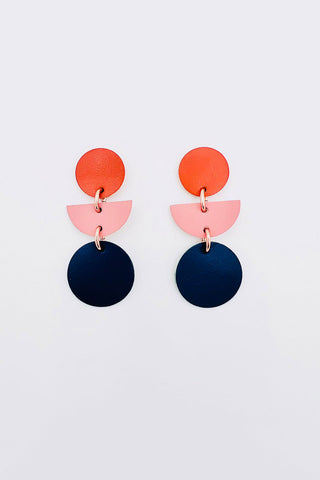 Orange, pink and navy geometric leather earrings. 