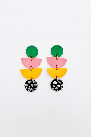 Colourful leather earrings made of two circles & two semi-circles. 