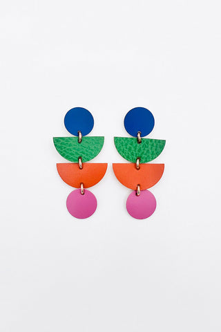 Colourful leather earrings made of two circles & two semi-circles. 
