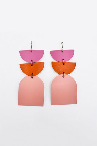 Colourful leather earrings with semi circles & larger arch. 