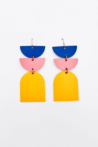 Colourful leather earrings with semi circles & larger arch. 