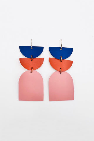 Colourful leather earrings with semi circles & larger arch. 