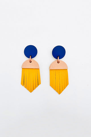 Blue, pink and yellow leather earrings. 