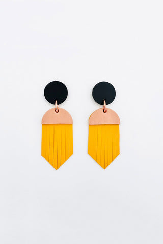 Black, pink and yellow leather earrings. 
