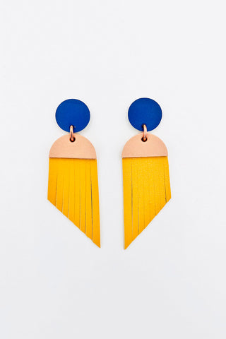Blue, pink and yellow leather earrings. 