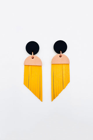 Black, pink and yellow leather earrings. 