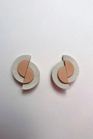 Grey and light tan recycled leather Meredian Dawn earrings by Blisscraft.