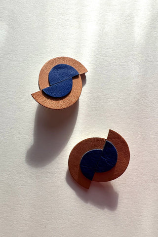 Blue and deep tan recycled leather Meredian Moon earrings by Blisscraft. 
