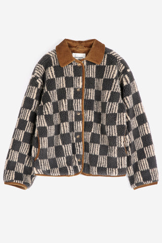 A women's button-front sherpa jacket featuring a black and beige checkerboard patterned with brown corduroy collar & trim. 