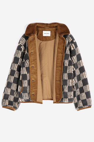A women's brown and beige checkered sherpa jacket, shown open showing brown corduroy collar and trim, and brown lining. 