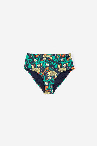 Navy floral print high waist bikini bottom on white background. 