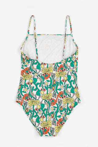Back of multi-colour floral print one-piece bathing suit. 