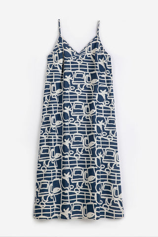 Navy blue and cream printed summer midi dress. 