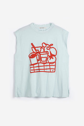 Light blue tank top with red food-inspired print. 