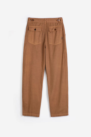 Brown pants with back patch pockets and tapered hem. 
