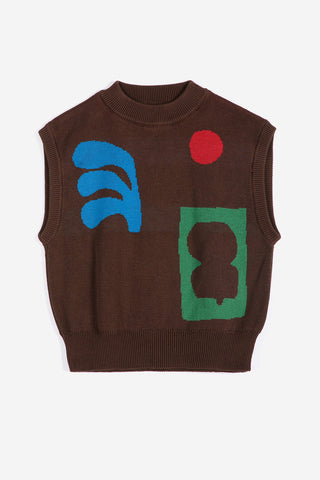 A brown knit sweater vest featuring abstract geometric patterns in blue, green, and red , shown flat on a light gray background.