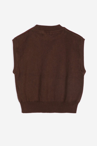 A dark brown sleeveless knit sweater vest shown from the back, flat on a light gray background.