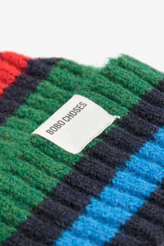 Close-up of multi-colour knit beanie by Bobo Choses. 