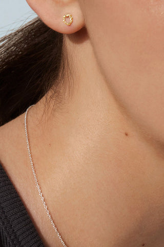 Close-up of woman's ear, wearing gold circle stud earrings. 