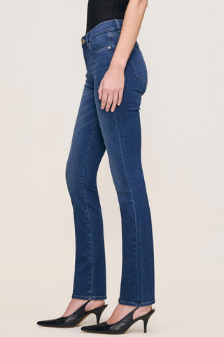 Side view of woman wearing mid-rise straight leg Mara Jeans in Santa Monica Wash by DL1961. 