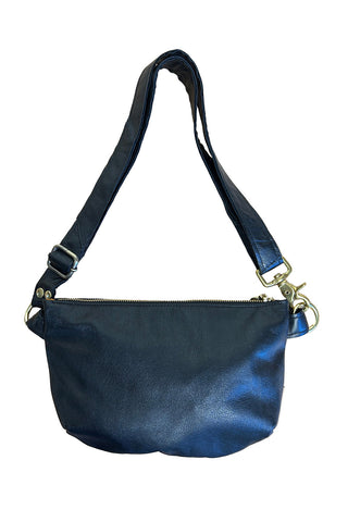 Black reclaimed leather Baguette Fanny bag by Deborah Adams. 