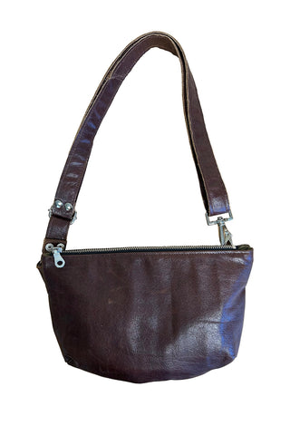 Brown reclaimed leather Baguette Fanny bag by Deborah Adams. 
