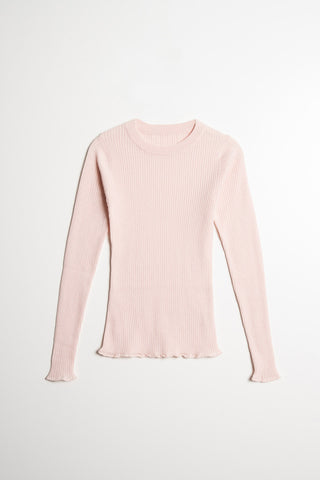 Flat lay of blush pink ribbed merino knit sweater by Dinadi. 