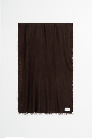 Teal brown felted cashmere scarf folded in half in front of grey background. 