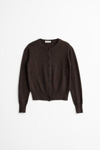 Flat lay photo on white background of brown yak wool classic knit cardigan by Dinadi. 