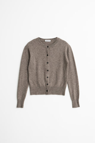 Flat lay photo on white background of oat brown yak wool classic knit cardigan by Dinadi. 